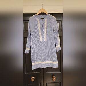 J.Crew Blue White Striped Tunic Shirt/Dress Sz 8 Eyelet Lace Detail Button down